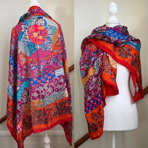 Hermes Paris Scarf Shawl Wrap Red Multicolored Bird Print Cashmere Silk Blend - Picture 1 of 11